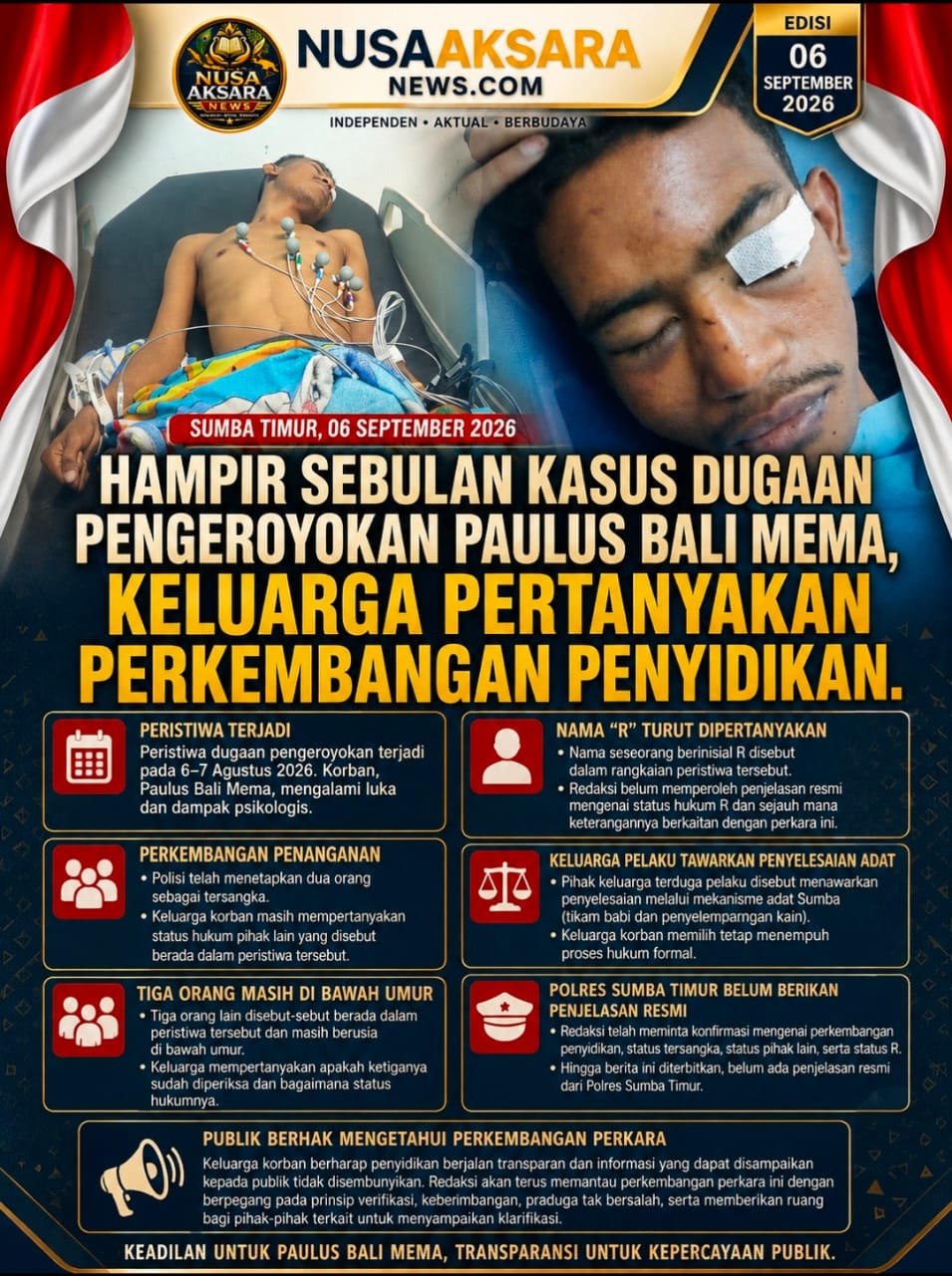 Hampir Sebulan Kasus Dugaan Pengeroyokan Paulus Bali Mema, Keluarga Pertanyakan Perkembangan Penyidikan.