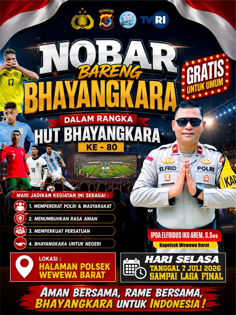 Warga Sumba Barat Daya Diajak Nobar Piala Dunia 2026 Gratis di Polsek Wewewa Barat Mulai Besok Malam