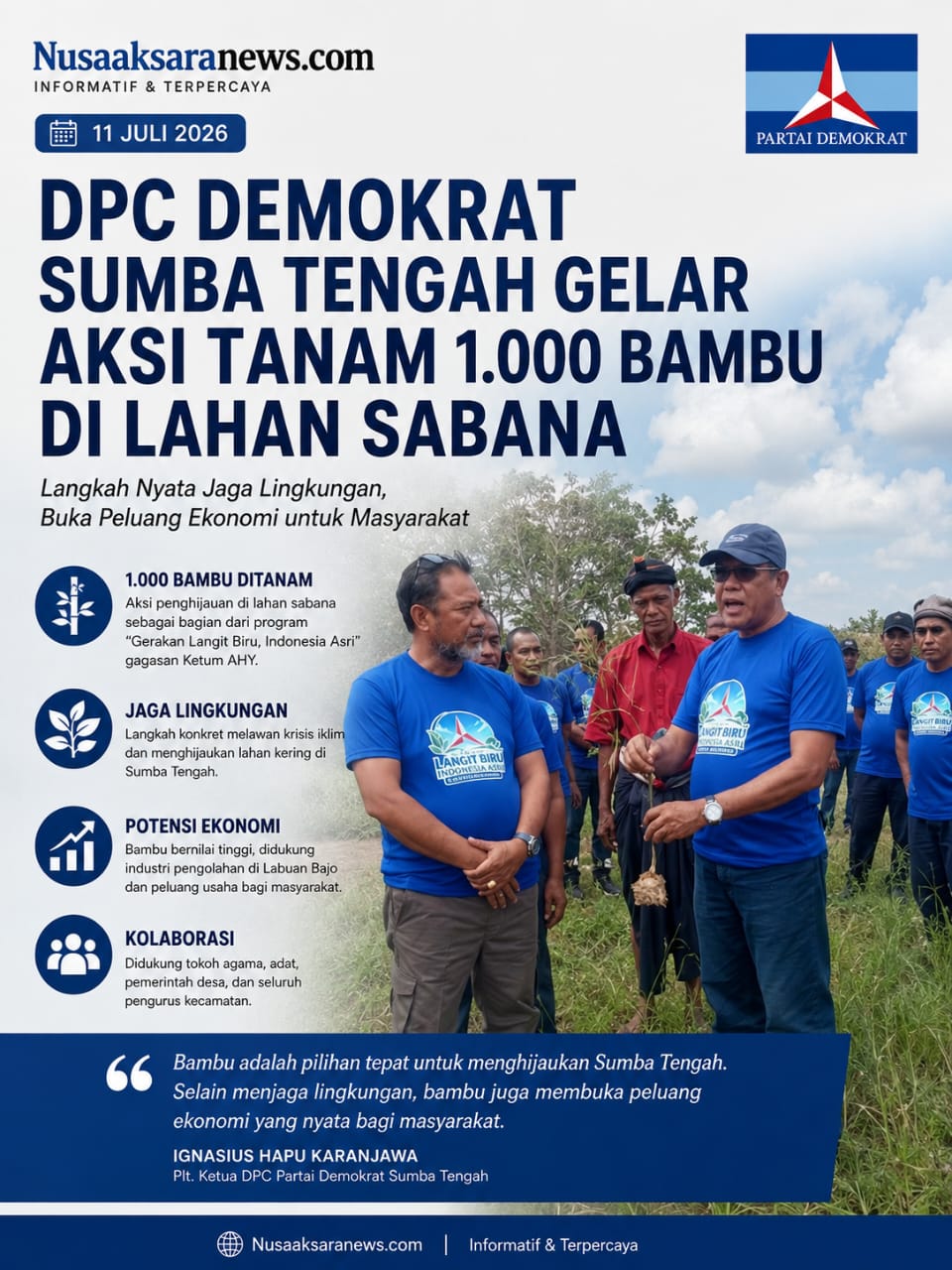 DPC Demokrat Sumba Tengah Gelar Aksi Tanam 1.000 Bambu di Lahan Sabana.