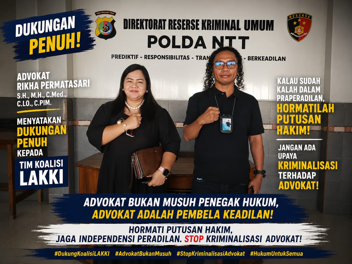 HORMATI PUTUSAN HAKIM, STOP KRIMINALISASI ADVOKAT!*

_Advokat Rikha Permatasari Nyatakan Dukungan Penuh kepada Tim Koalisi LAKKI sebagai  Kuasa Hukum  Piche Kota